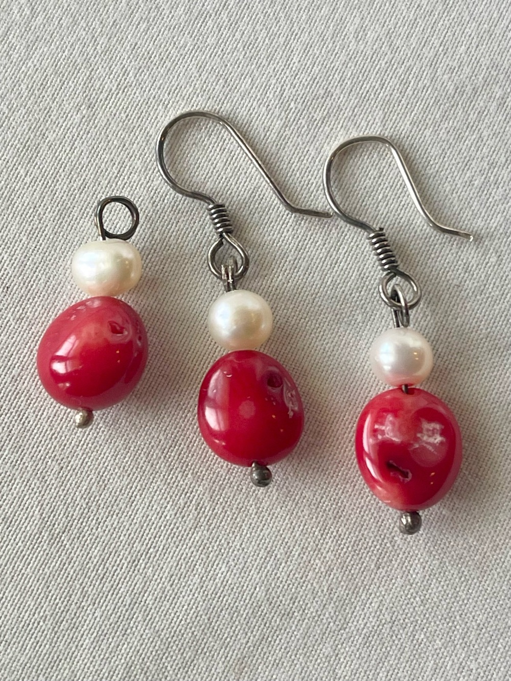 Pearl and Coral Bead Pendant & Drop Earrings with Silver Hooks Set